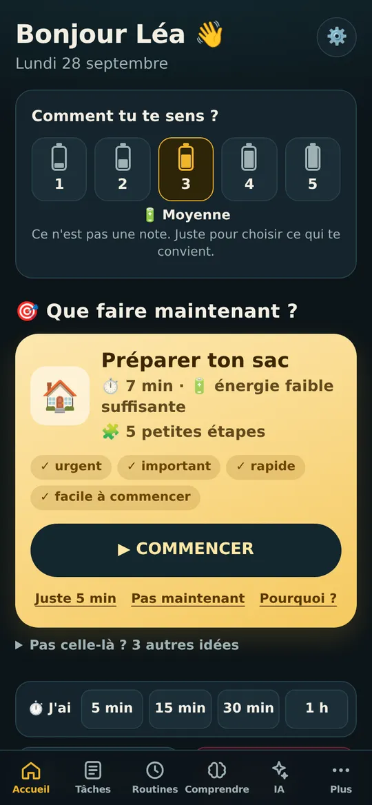 Écran d'accueil de Mon Génie : niveau d'énergie et tâche recommandée « Que faire maintenant ? »