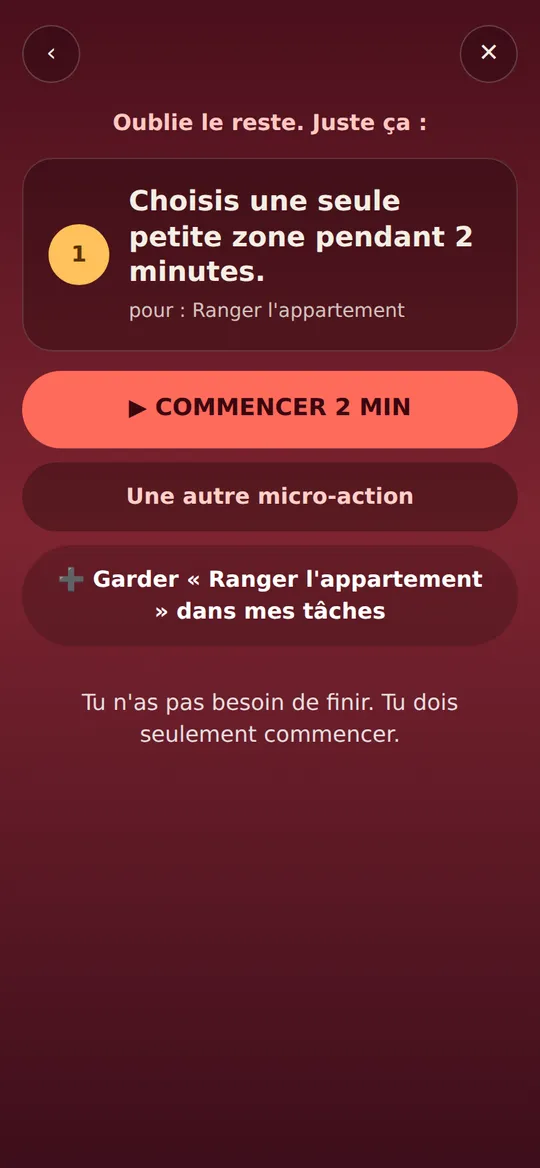 Mon Génie : mode Je suis bloqué qui propose une micro-action